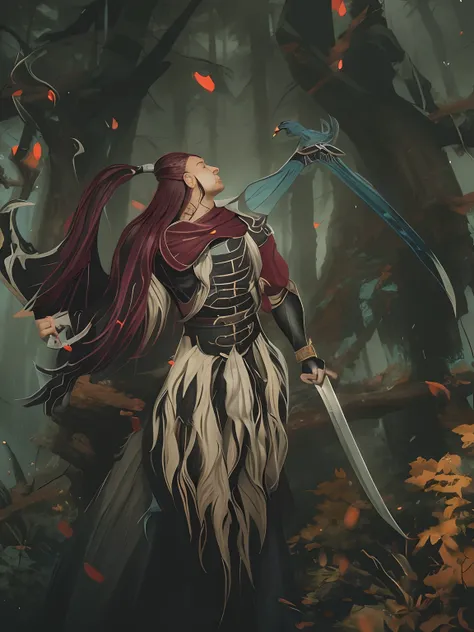 there is a longhaired bulky warrior with a sword and a bird in the woods, detailed digital 2d fantasy art, spirit fantasy concept art, digital 2d fantasy art, epic fantasy art style, painted in the style arcane, epic fantasy digital art style, onmyoji deta...