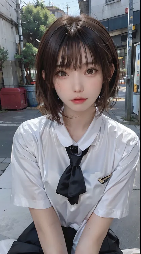 ​masterpiece、1 Beautiful Girl、A detailed face、A detailed eye、Detailed skin、top-quality、japanes、Illuminated from the front with bright lighting、profetional lighting、Always face straight ahead、The background is a little blurry、Black schoolgirl uniform。hair c...