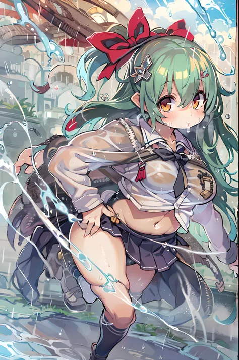 Best Quality, hight resolution, absurderes, Ultra-detailed, Suzuya_(kancolle), 1girl in, long_hair, Skirt, Solo, Shirt, Rain, Wet_Clothes, hair_ornament detached, Wet, Underwear, pleats_Skirt, See-through, bowtie, Red_Bow、bbw、thick thight、big butts、Ultrama...