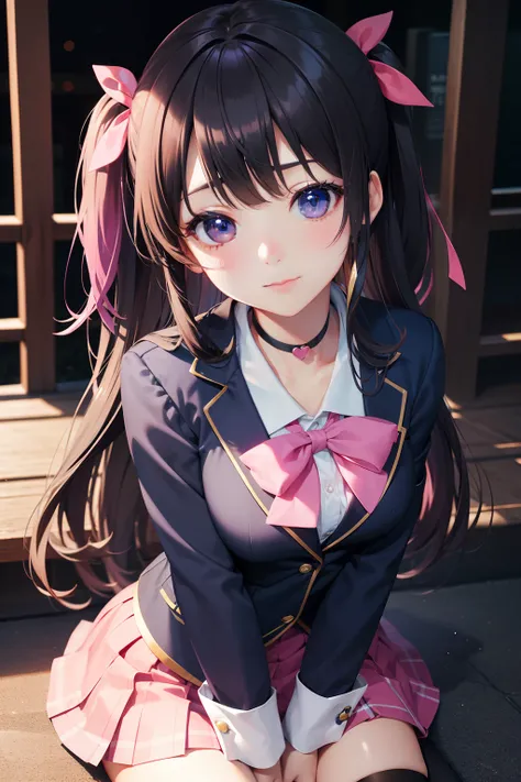 High school girl with beautiful eyes、High School Uniform、Dark blue blazer、Pink skirt、Pink ribbon、Heart-shaped choker、schools、独奏、gazing at viewer、rainbows、optic、3D、hight resolution、top-quality、full bodyesbian、8K Character Concept、32k、pixiv、illustratio、 ultr...