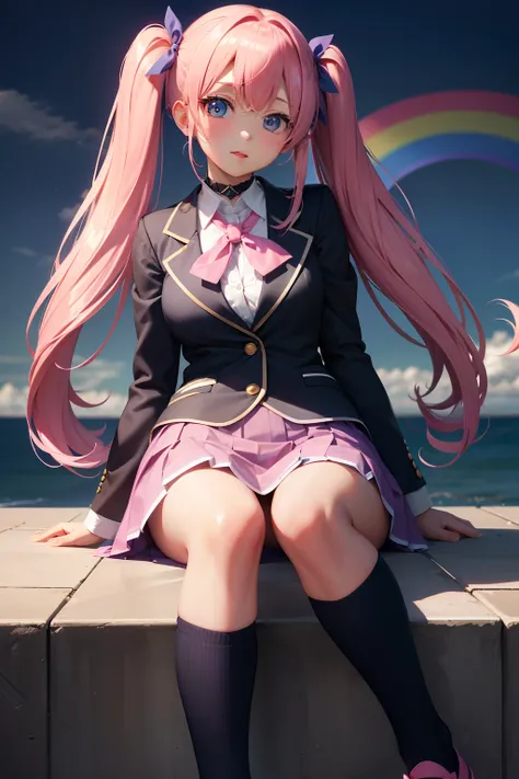 High school girl with beautiful eyes、High School Uniform、Dark blue blazer、Pink skirt、Pink ribbon、Heart-shaped choker、long hair with pink twin tails,、Schools、独奏、gazing at viewer、rainbows、optic、。.。.3D、hight resolution、top-quality、full body Esbian、8K Characte...