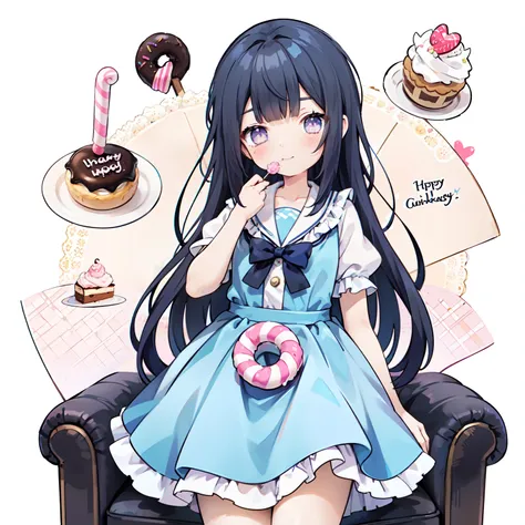 1girl in, ((alice in the wonderland))、long dark blue Hair、fluffy hair、purple eyes、cute little、Alice、Pastel muted colors,  Sitting on a throne made of sweets and pastries, For example, donut, sprinkle, candy, lollipop, candy cane, a cake, cupcake, Cake Pop,...