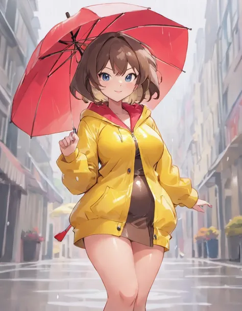 can you draw a milf in a pvc yellow rain coat and red umbrella drawn by sowsow, the milf has large breasts and is about 50 years of age, mature woman, tall veru large breasts, short blue mini skirt, brown hair,