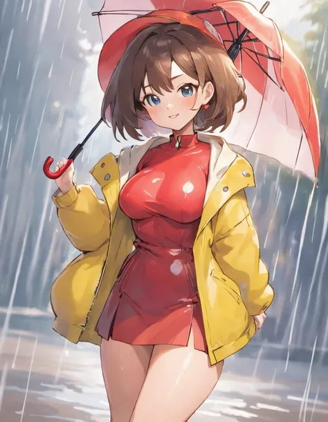 can you draw a milf in a pvc yellow rain coat and red umbrella drawn by sowsow, the milf has large breasts and is about 50 years of age, mature woman, tall veru large breasts, short blue mini skirt, brown hair,