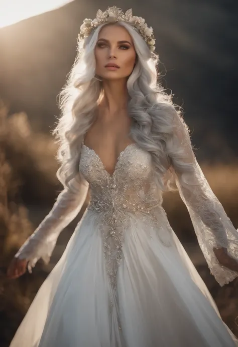 "An majestic, Ethereal goddess with voluminous silver hair, Decorated with flowing white wedding dresses, Soar gracefully above the enchanting crowds, Show off her modeling abilities on the epic runway."