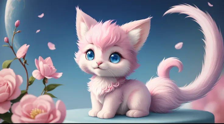 One tail is small、The nose is small、The ears are small、Little kitten with blue eyes，pink back ground，peach blossom，vases，dream magical，Open-mouthed，ssmile，Caroline Chariot - pastels of Dayez，tumblr，furry art，elokitty，disneys bambi cat，disney stylized furry...