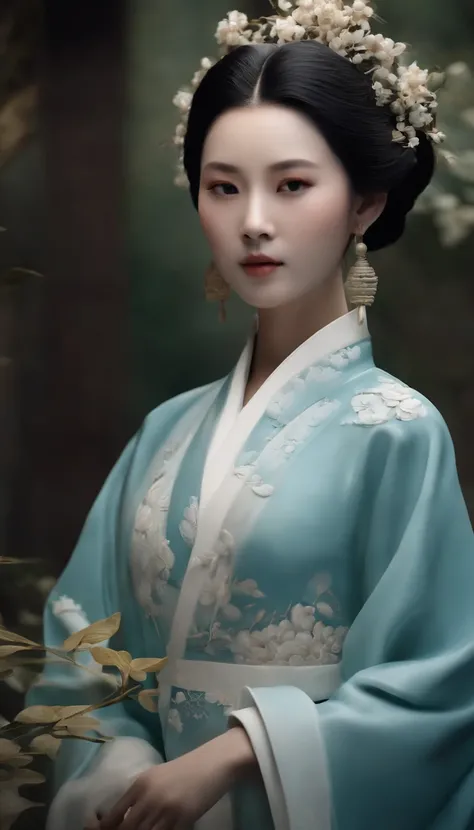 Sculpture of celadon textured girl in Hanfu，Smooth and shiny porcelain skin for girls，chinaware，Ancient Chinese porcelain style relief，Doubleexposure，Delayed exposure，Side lighting，Three-dimensional feeling，。.3D，Color scheme of blue and white porcelain，anc...