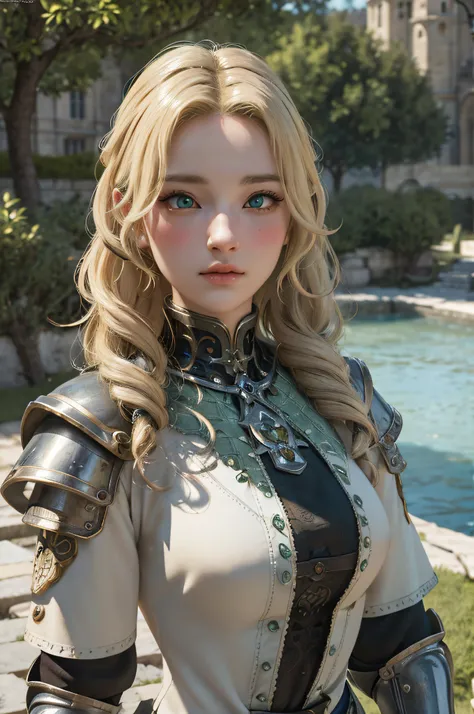 1girl, masterpiece, best quality, 8k, detailed skin texture, detailed cloth texture, beautiful detailed face, intricate details, ultra detailed, a european girl, green eyes, blonde curly hai, 3D character, Medieval Knight