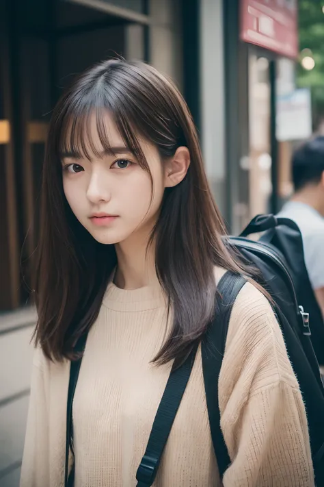 (8K、Raw photography、top-quality、​masterpiece:1.2)、21-years old、japanes、1 girl in、Casual Fashion、A detailed face、A detailed eye、Detailed mouth、nogizaka、Standing in front of the sign、Carrying a backpack