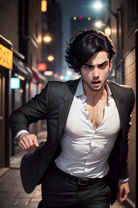 Realistic 8k image of a 25 year old man, short black hair, wearing a black blazer with a white blouse underneath, expression of fear, running in a narrow night alley, night scene