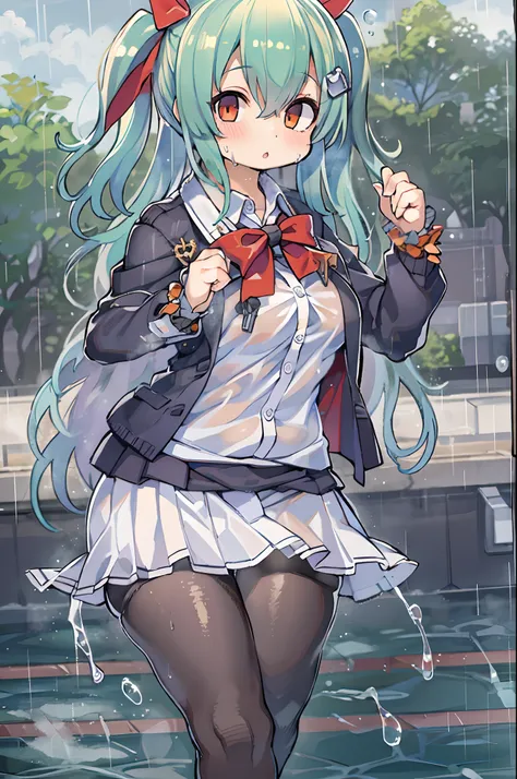 Best Quality, hight resolution, absurderes, Ultra-detailed, Suzuya_(kancolle), 1girl in, long_hair, Skirt, Solo, Shirt, Rain, Wet_Clothes, hair_ornament detached, Wet, Underwear, pleats_Skirt, See-through, bowtie, Red_Bow、bbw、thick thight、big butts、Ultrama...