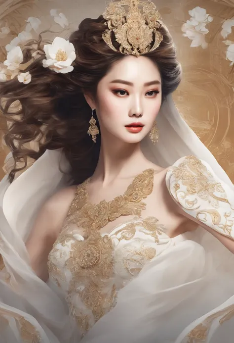 "An majestic, Ethereal goddess with voluminous brown hair, Asian Woman、Decorated with flowing white wedding dresses, Soar gracefully above the enchanting crowds, Show off her modeling abilities on epic runways."