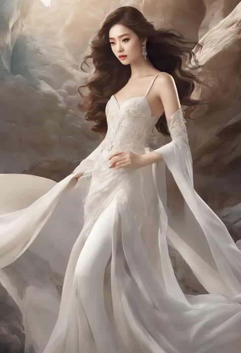 "An majestic, Ethereal goddess with voluminous brown hair, Asian Woman、Decorated with flowing white wedding dresses, Soar gracefully above the enchanting crowds, Show off her modeling abilities on epic runways."