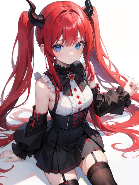 red hair,blue eyes,twintails, long hair, solo, loli, black stockings,{{best quality}}, {{masterpiece}}, {{ultra-detailed}}, {illustration}, {detailed light}, {an extremely delicate and beautiful},little girl,cute,Succubus, demon,horns