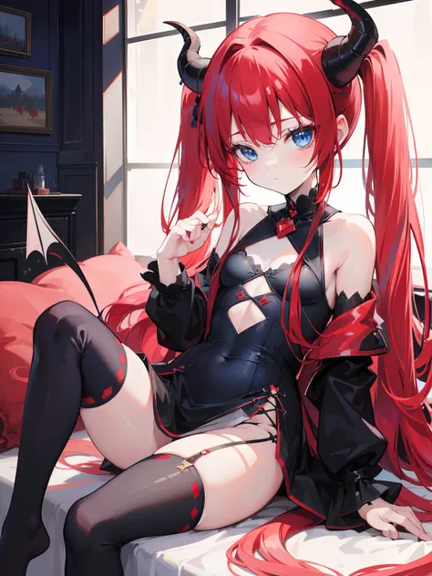 red hair,blue eyes,twintails, long hair, solo, loli, black stockings,{{best quality}}, {{masterpiece}}, {{ultra-detailed}}, {illustration}, {detailed light}, {an extremely delicate and beautiful},little girl,cute,Succubus, demon,horns