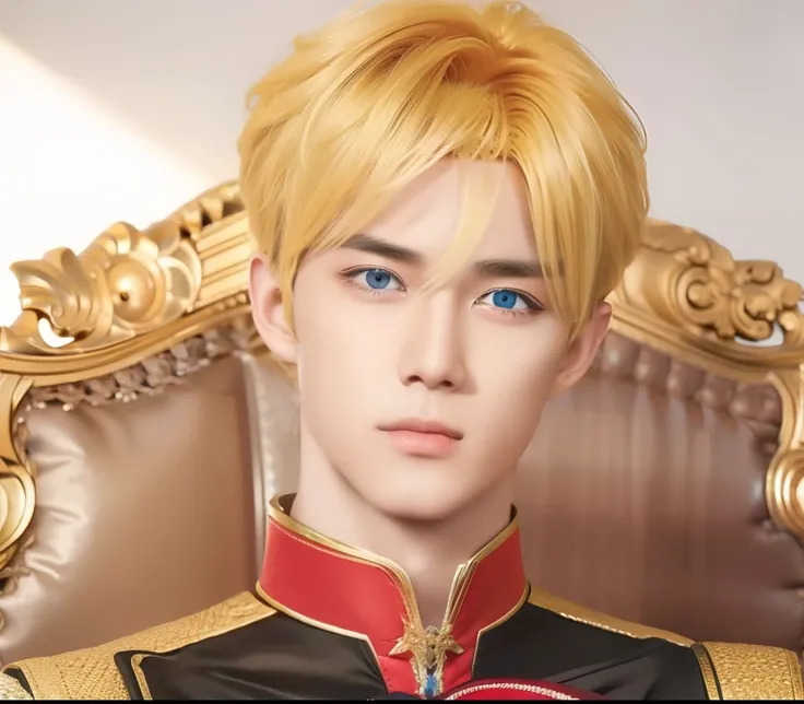 1boy, Anastacius de alger obelia, manhwa, yellow hair, jewel blue eyes, realistic, ultra detail, 70mm lens, handsome