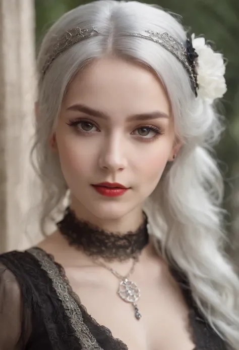 High quality, rich in detail, twin-tailed silver-haired girl posing cutely. They wear vintage Gothic gothic clothes, wearing bracelets, earrings and necklaces. Big are also visible. The photo is a close-up of the face, with cleavage, shiny breasts, sweat i...