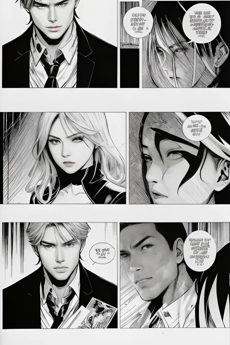 Close-up of a comic book with a man and a woman, Black and white manga page, Black and white manga comics, Black and white manga panel, Black and white manga style, Black and white manga, Hajime Isayama Style, Edmund Blair and Charlie Bauer, akehiko inoue ...