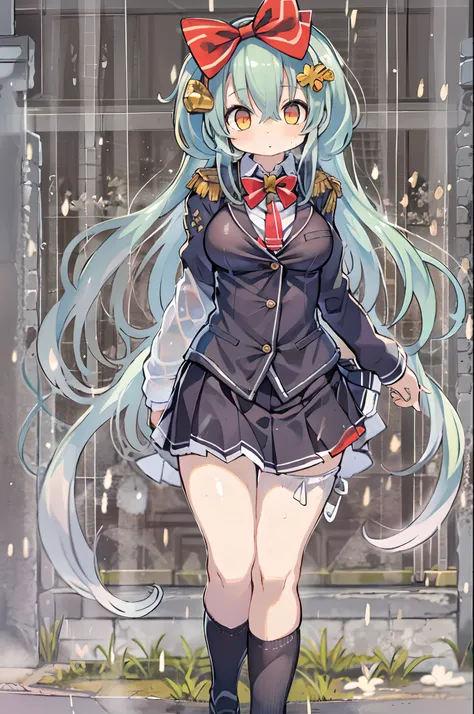 Best Quality, hight resolution, absurderes, Ultra-detailed, Suzuya_(kancolle), 1girl in, long_hair, Skirt, Solo, Shirt, Rain, Wet_Clothes, hair_ornament detached, Wet, Underwear, pleats_Skirt, See-through, bowtie, Red_Bow、bbw、thick thight、big butts、Ultrama...