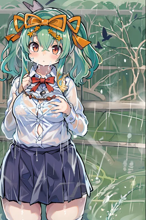 Best Quality, hight resolution, absurderes, Ultra-detailed, Suzuya_(kancolle), 1girl in, long_hair, Skirt, Solo, Shirt, Rain, Wet_Clothes, hair_ornament detached, Wet, Underwear, pleats_Skirt, See-through, bowtie, Red_Bow、bbw、thick thight、big butts、Ultrama...