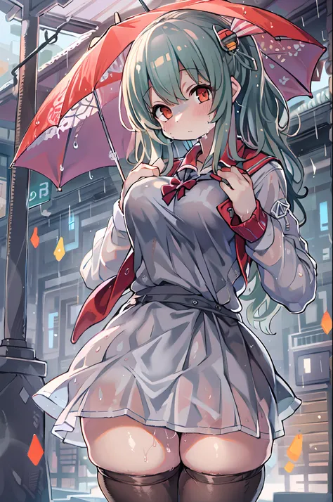 Best Quality, hight resolution, absurderes, Ultra-detailed, Suzuya_(kancolle), 1girl in, long_hair, Skirt, Solo, Shirt, Rain, Wet_Clothes, hair_ornament detached, Wet, Underwear, pleats_Skirt, See-through, bowtie, Red_Bow、bbw、thick thight、big butts、Ultrama...