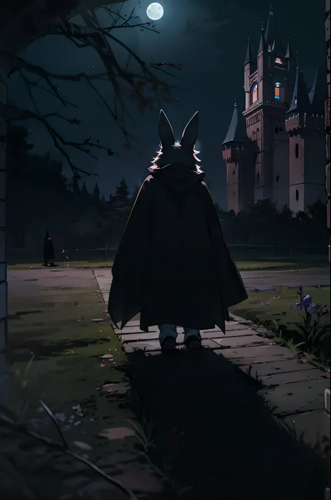 2 black furry bunnies wearing cloaks while standing in front of a gothic castle. night time, full moon, gloomy, scary ambience, from the back, camera focused on their back.