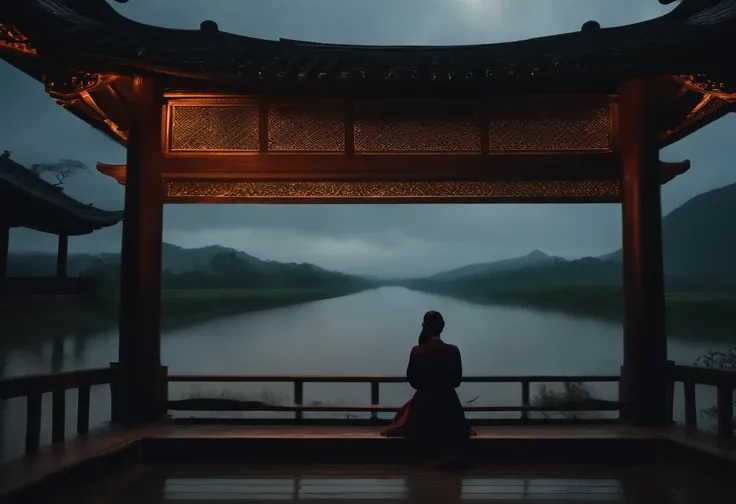 A screenshot of a movie, directed by Zhang Yimou, with a girl sitting by the black edge, cloudy, rainy, dusk scene, antique style, high-quality, 8k, from the back,