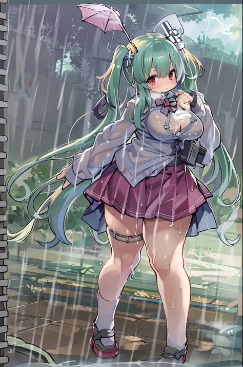 Best Quality, hight resolution, absurderes, Ultra-detailed, Suzuya_(kancolle), 1girl in, long_hair, Skirt, Solo, Shirt, Rain, Wet_Clothes, hair_ornament detached, Wet, Underwear, pleats_Skirt, See-through, bowtie, Red_Bow、bbw、thick thight、big butts、Ultrama...