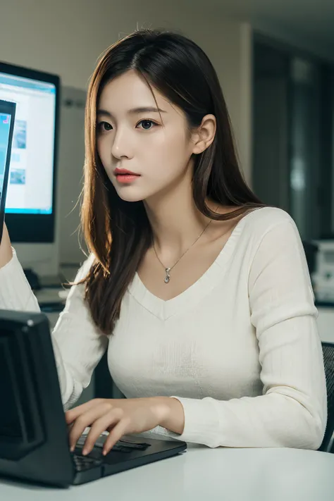 (top-quality、8K、​masterpiece)、1 girl in、beautfull Japanease woman、Operating a computer、s Office