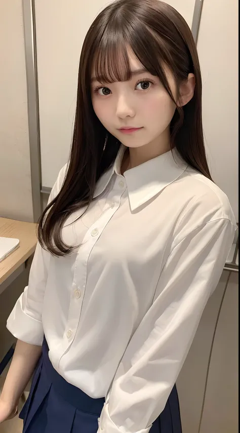 (Best quality, 8k, 32k, Masterpiece, UHD:1.2),hyper detail hair,Photo of Pretty Japanese girl,1girl,15yo,japanese girl,(young:1.5),school uniform,white shirt,(shirt with open second button:1.2) ,upper body,classroom,desk,notebook on desk,((smili:1.2))