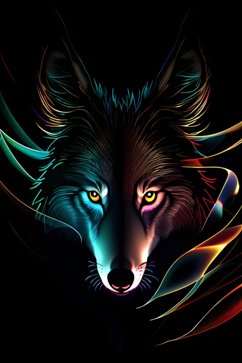 swirling vortexes, a gray wolf, grace, dignified, integrity, holiness, brave heart, fang, neon gradation lighting, professional art work, ultra quality, associate graphic illustration, heat haze mist, (soft smooth long fur:1.2), through the darkness, clear...