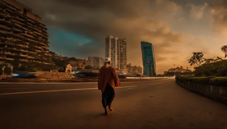 (best quality,4k,Altas),Sadhguru extremamente detalhado,(Realistic,photo-realistic:1.37),dynamic full-body portrait of Sadhguru walking in central New Delhi,paisagem urbana urbana,arquitetura moderna, ruas movimentadas, atmosfera vibrante,Vielas lotadas,Bu...