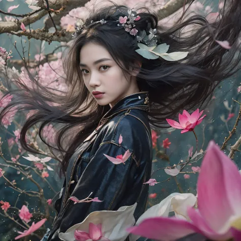 32K（tmasterpiece，k hd，hyper HD，32K）Long flowing black hair，ponds，zydink， a color， Aozhou people （Concubine girl）， （Purple silk scarf）， Combat posture， looking at the ground， long whitr hair， Floating hair， Carp pattern headdress， Chinese long-sleeved cloth...