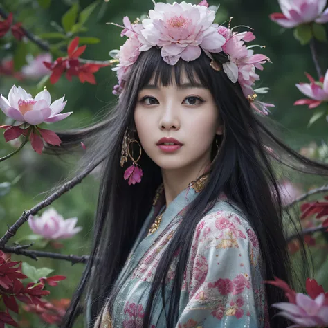 32K（tmasterpiece，k hd，hyper HD，32K）Long flowing black hair，ponds，zydink， a color， Aozhou people （Concubine girl）， （Purple silk scarf）， Combat posture， looking at the ground， long whitr hair， Floating hair， Carp pattern headdress， Chinese long-sleeved cloth...