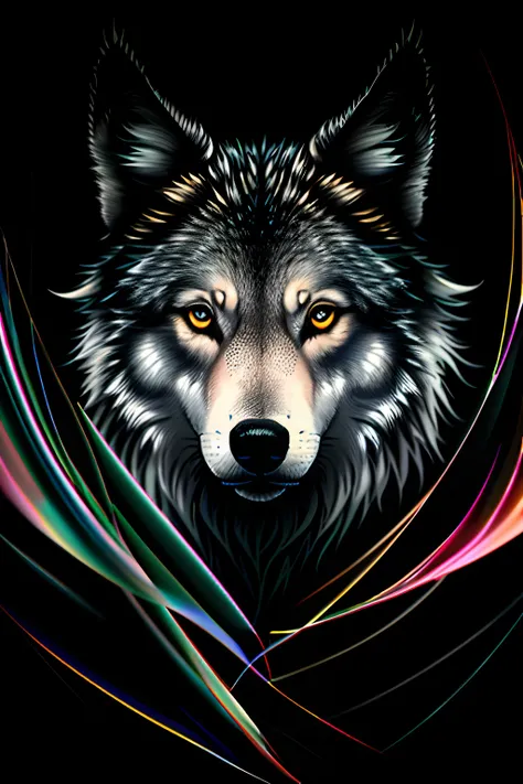 swirling vortexes, a gray wolf, grace, dignified, integrity, holiness, brave heart, fang, neon gradation lighting, professional art work, ultra quality, associate graphic illustration, heat haze mist, (soft smooth long fur:1.2), through the darkness, clear...