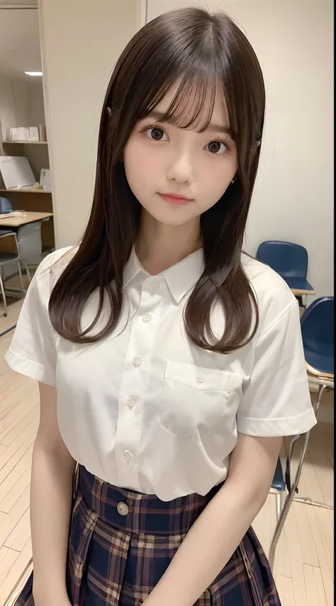 (Best quality, 8k, 32k, Masterpiece, UHD:1.2),hyper detail hair,Photo of Pretty Japanese girl,1girl,15yo,japanese girl,(young:1.5),school uniform,white shirt,(shirt with open second button:1.2) ,upper body,classroom,desk,notebook on desk,((smili:1.2))