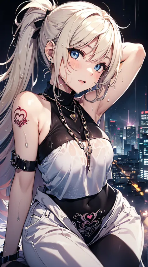 top-quality、Top image quality、​masterpiece、girl with((18year old、Tattoo of the heart symbol on the right shoulder、Black Navel Tank Top、White pants、Best Bust、Bust 85、a blond、poneyTail、Blue eyes、open chest wide、Happiness、Chain Accessories、Black wristband on ...