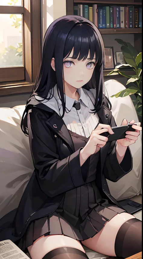 A girl with shoulder-length dark knight hair and purple eyes, Blunt Bangs, Wears a black trench coat with a hood, Brown stockings, and black knee-length boots, standing in living room. 
(Best quality,4K,8K,A high resolution,Masterpiece:1.2), Ultra-detailed...