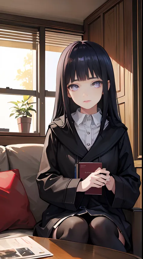 A girl with shoulder-length dark knight hair and purple eyes, Blunt Bangs, Wears a black trench coat with a hood, Brown stockings, and black knee-length boots, standing in living room. 
(Best quality,4K,8K,A high resolution,Masterpiece:1.2), Ultra-detailed...