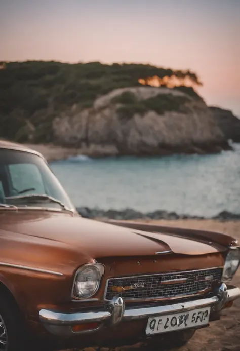 a car stand on sea land sunset