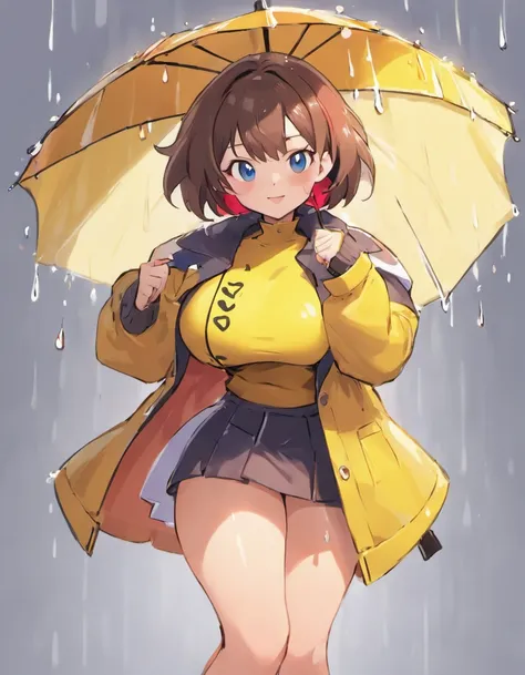 can you draw a milf in a pvc yellow rain coat and red umbrella drawn by sowsow, the milf has large breasts and is about 50 years of age, mature woman, tall veru large breasts, short blue mini skirt, brown hair,