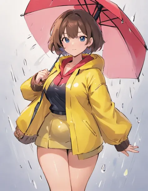 can you draw a milf in a pvc yellow rain coat and red umbrella drawn by sowsow, the milf has large breasts and is about 50 years of age, mature woman, tall veru large breasts, short blue mini skirt, brown hair,