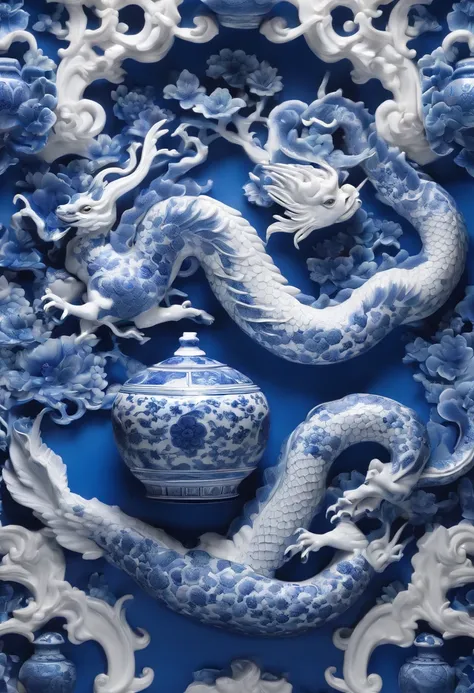 Handsome Chinese dragon full body picture：1.6，Ao redor do corpo，Fly in the air，trending on artstationh. Blue and white porcelain scales . lighting, Epic, 8K, Highly detailed, Centered, symetry, picure, Intricate, voluminetric lighting,, rich deep colors ma...