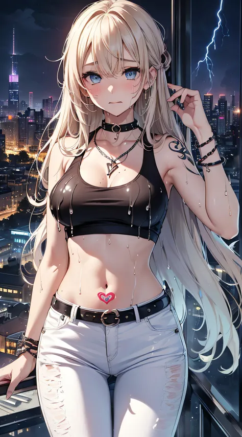 top-quality、Top image quality、​masterpiece、girl with((18year old、Tattoo of the heart symbol on the right shoulder、Black Navel Tank Top、White pants、Best Bust、Bust 85、a blond、poneyTail、Blue eyes、open chest wide、Happiness、Chain Accessories、Black wristband on ...