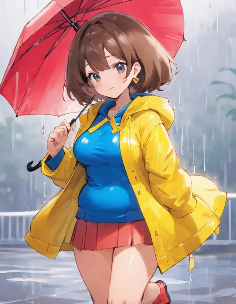 can you draw a milf in a pvc yellow rain coat and red umbrella drawn by sowsow, about 50 years of age, mature woman, tall very large breasts, short blue mini skirt, brown hair,