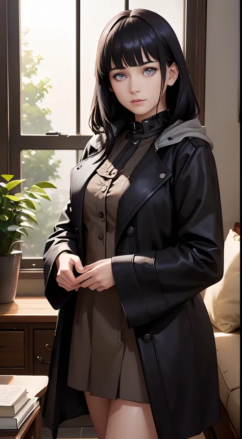 A girl with shoulder-length dark knight hair and purple eyes, Blunt Bangs, Wears a black trench coat with a hood, Brown stockings, and black knee-length boots, standing in living room. 
(Best quality,4K,8K,A high resolution,Masterpiece:1.2), Ultra-detailed...