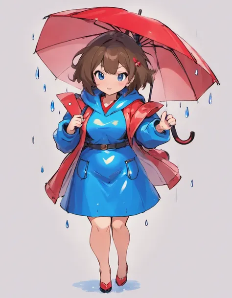 can you draw a milf in a pvc blue rain coat and red umbrella drawn by sowsow, about 50 years of age, mature woman, tall very large breasts, short blue mini skirt, brown hair,