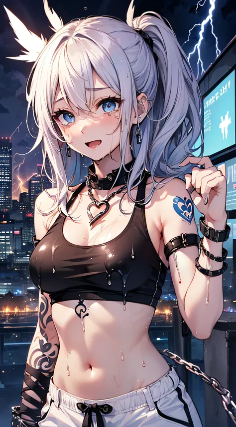 top-quality、Top image quality、​masterpiece、girl with((18year old、Tattoo of the heart symbol on the right shoulder、Black Navel Tank Top、White pants、Best Bust、Bust 85、a blond、poneyTail、Blue eyes、open chest wide、Happiness、Chain Accessories、Black wristband on ...