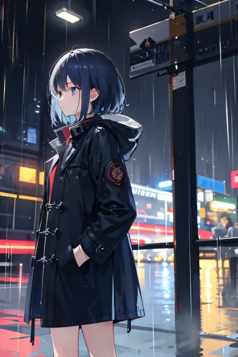 1girl, Night City, rain, coat, hands in pockets