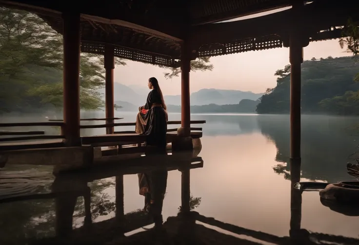 Screenshot of the movie, director：张艺谋 in the mood of, A girl with long hair sits by the lake,Facing the lake,Wearing black-brown Hanfu,Cloudy, Rainy, dusk scene, wide angles,Antique style, high high quality, 8K, Back pat